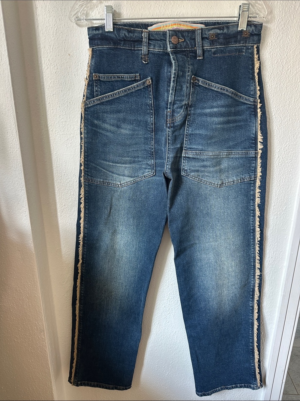MAC Blue Denim Jeans with Frayed Side Stripe